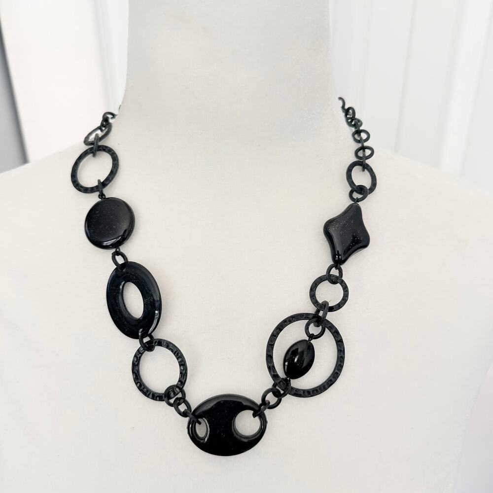 🍭6/$30 Jet Black Geometric Open Circle Retro Funky Necklace